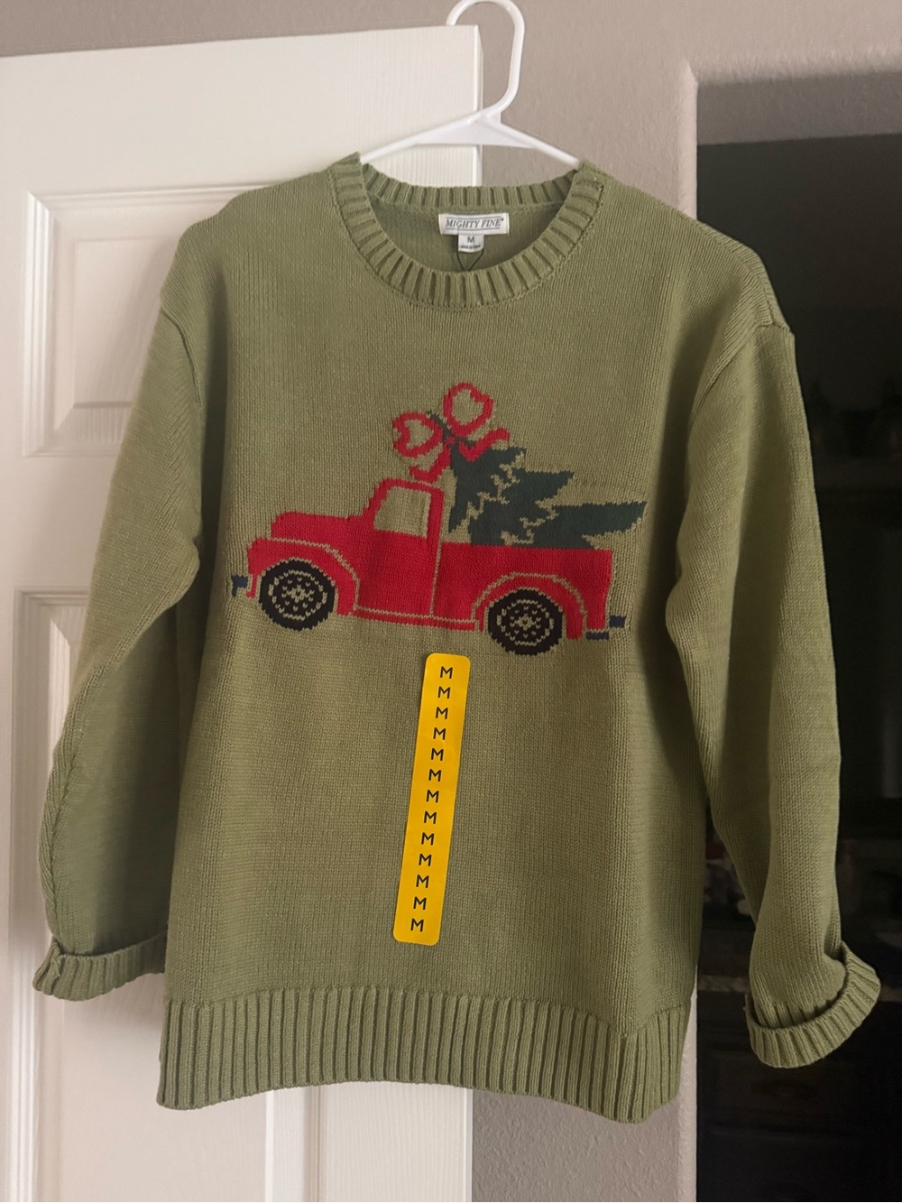 Mighty Fine Olive Green Crewneck Sweater with Red Truck Motif